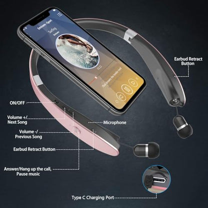 AMORNO Foldable Bluetooth Headphones Wireless Neckband Headset with Retractable Earbuds, Sports Sweatproof Noise Cancelling Stereo Earphones with Mic … - color: Rose Gold
