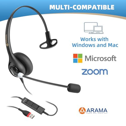Arama USB Headset with Microphone (A600MONO) – Noise Cancelling, Inline Volume & Mute Control, USB-A & USB-C Compatible for Computer, Laptop, Mac, Zoom, Teams, Skype