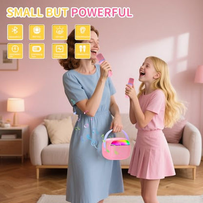 Mini Karaoke Machine with 2 Wireless Microphones for Kids Portable RGB Bluetooth Speaker Birthday Gift Toys for 3 4 5 6 7 8+ Year Old Girls Boys - color: Pink