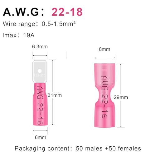 100PCS Heat Shrink Spade Connectors,22-16AWG Female Male Fully Insulated Terminals,Electrical Wire Crimp Connectors Kit - size: AWG22-16（50Pcs Female+50Pcs Male）