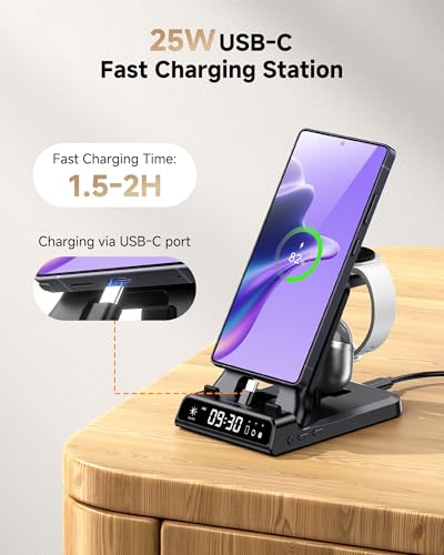 25W USB C Fast 3-in-1 Foldable Charging Dock for Samsung Phone Watch & Buds | 25W Fast Charging, for Galaxy S26/S25/Z Flip 8/Fold 8/A57/A36, for Galaxy Watch Ultra/8-5, USB C Buds, SwanScout 701S,