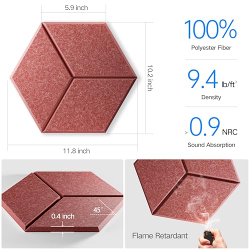 12 Pack Self-Adhesive Acoustic Panels 12" X 10" X 0.4" - Sound Proof Foam Panels with High Density, Y-Lined Design, Flame Resistant, Absorb Noise and Eliminate Echoes(Red) - color: Red, size: Y-Cut Hexagon 12 Pack