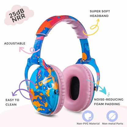Kids Ear Protection Safety Ear Muffs, NRR 25dB Noise Reduction Children Earmuffs, Hearing Protectors for Sleeping, Studying, Airplane, Concerts, Fireworks-Blue Painting with Pink Band - color: Pink Band Blue Painting