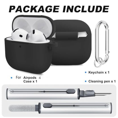for AirPods 4th Case Cover, Soft Silicone Case with Cleaner Kit, Keychain, Full Protection for Men and Women, Compatible with AirPods 4th Generation (Black) - color: A4-Black