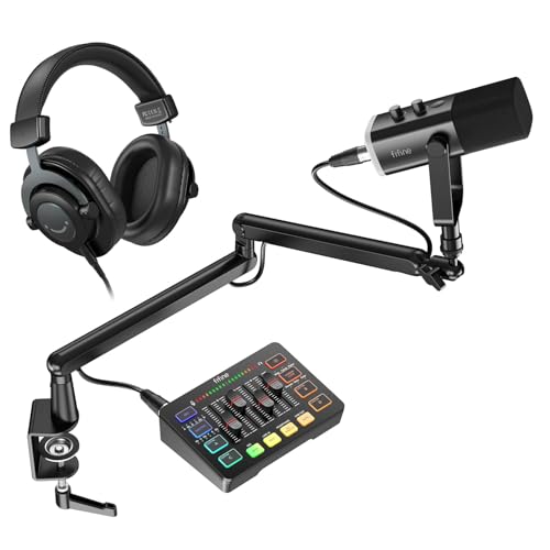 FIFINE Gaming Equipment Bundle with XLR/USB Dynamic Mic, Low Profile Arm, Audio Mixer, Over-Ear Headphones, XLR Cable for Streaming, Podcast, Recording, Vocal, Game Voice