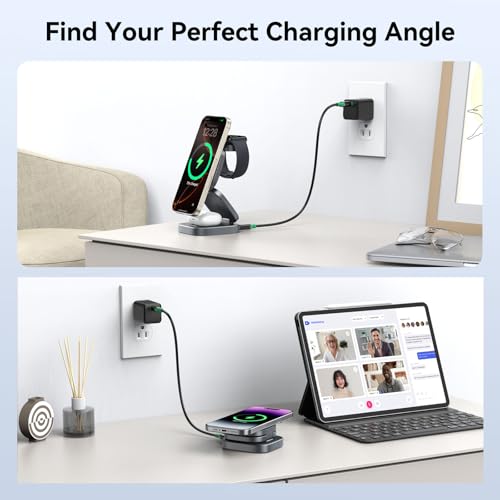 Wireless Charging Station for Multiple Devices, 3 in 1 Travel Charger Dock, Foldable Magnetic Stand Compatible with MagSafe Qi2, iPhone 17 16 15 14 13 12 Air, Apple Watch Series & Air pods 4 3 2 Pro