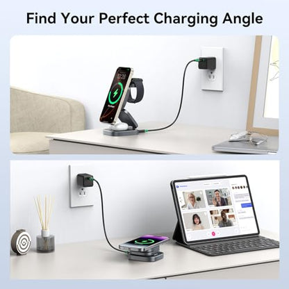 Wireless Charging Station for Multiple Devices, 3 in 1 Travel Charger Dock, Foldable Magnetic Stand Compatible with MagSafe Qi2, iPhone 17 16 15 14 13 12 Air, Apple Watch Series & Air pods 4 3 2 Pro