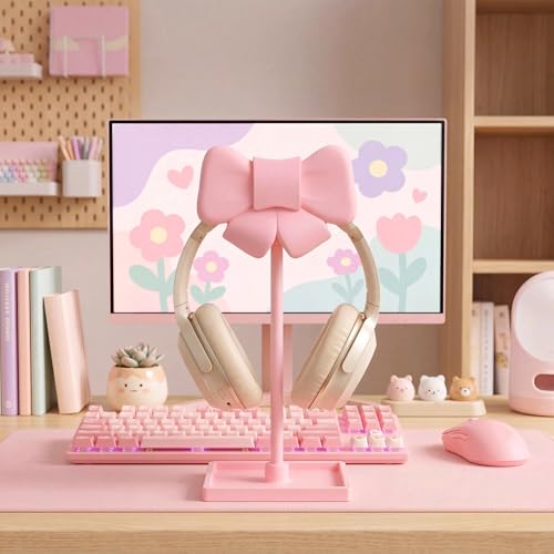 Wesiti Pink Bow Headphone Stand Cute Curved Headphone Holder with Storage Tray Pink Coquette Gaming Headset Holder for Desk Space Saving Organizer Desktop for Women All Headset Home Office Setup
