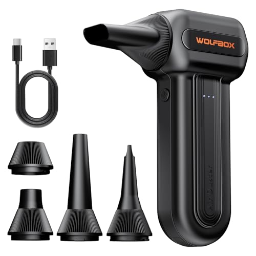 WOLFBOX MF60 Compressed Air Duster, 3-Speed Adjustable, Electric, Cordless | 110,000 RPM, Rechargeable, Air Blower, Fast Charging, PC Keyboard Cleaning, Car, Home, Black, 0.5 lb Lightweight