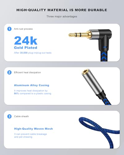 3.5mm Male to Female Extension Stereo Audio Extension Cable 6FT, Cotton-Braided Audio Extension Cable 6ft, Stereo Jack Cord for Phones, Headphones, Speakers, Tablets, PCs and More - size: 6FT