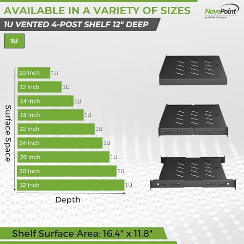 Vented 4-Post Shelf, Adjustable, Black, 300 mm Depth, 1U, 242 lbs, Cold Rolled Steel - size: 12" Deep