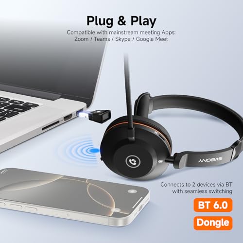 SVBONY SVN H1 Wireless Headset with Mic for Work | Bluetooth Headset with Joystick Mute and ENC Noise Cancelling,USB Dongle, Charging Base for Call Center, Computer