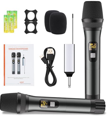 Wireless Microphone, UHF Handheld Cordless Dynamic Mic, 200ft Auto Connect | 2 Dual Metal Mic System Set with Rechargeable Receiver, for Karaoke Singing Speech Party Wedding Church Home KTV