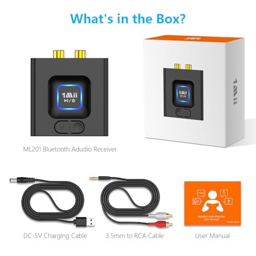1Mii ML201 Bluetooth 5.1 Audio Receiver for Home Stereo RCA 3.5mm Jack | 12H Playtime, Dual Link, Wireless Hi-Fi Music Streaming from Phone to Powered Speaker/Old Stereo Receiver