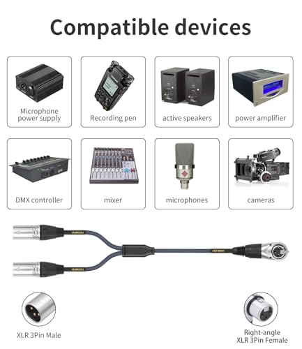 2Ft Right Angle 3Pin XLR Female to Dual 3Pin XLR Male Y Splitter 1 Female to 2 Male Audiao Cable, Mixer, Microphone,Amplifier Y Splitter Cable - color: Right Angle XLR 1 Female to 2 Male, size: 2Ft*1Pack