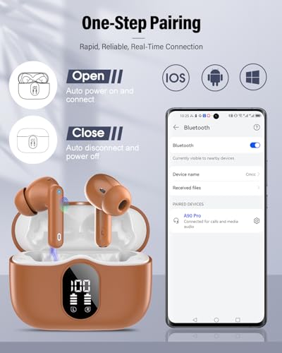 Wireless Earbuds, Bluetooth 5.4 Headphones Bass Stereo/Clear Calls, Brown | Ear Buds with Noise Cancelling Mic LED Display in Ear Earphones IP7 Waterproof 36H Bluetooth Earbuds for Phones/Sport/Laptop - color: Brown