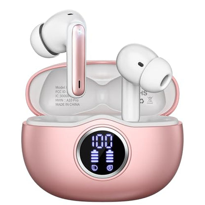 Wireless Earbuds, Bluetooth 5.3 Headphones HiFi Stereo 50H Playback LED Digital Display Ear Buds with ENC Noise Canceling Headset, IPX7 Waterproof Earphones for Gym/Running/Work（Rose Gold） - color: Rose Gold