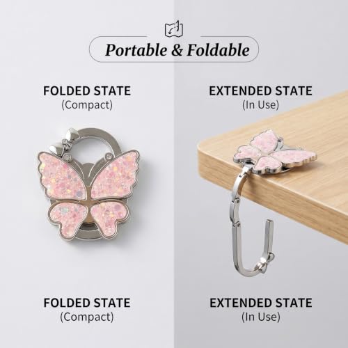 Chedin Pink Butterfly Under Desk Bag Hook,Adjustable Table Side Hanger