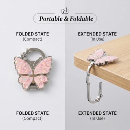 Chedin Pink Butterfly Under Desk Bag Hook,Adjustable Table Side Hanger