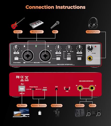Tisino 24Bit/192kHz USB Audio Interface for Studio Recording, Red