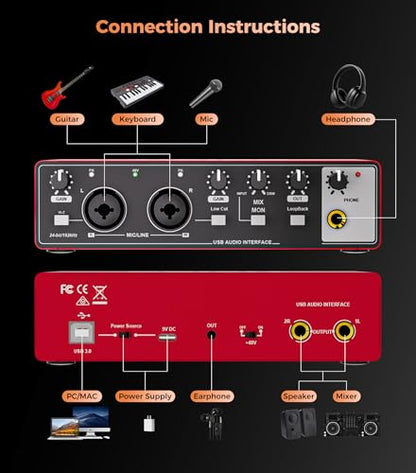 Tisino 24Bit/192kHz USB Audio Interface for Studio Recording, Red