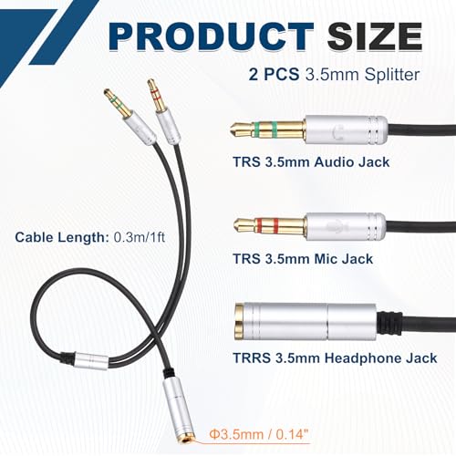 MECCANIXITY 3.5mm Splitter Female to 2 Dual 3.5mm Male Y Jack Splitter for Headphone Mic Audio PC Laptop Gaming Headsets, 1ft, Gray - color: Gray, size: 1ft
