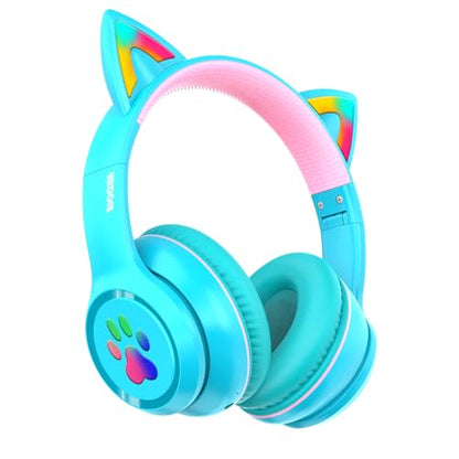 MIDOLA Bluetooth Headphones Wireless Cat Ear 60H/8H with LED Light Mic Cyan | Adjustable Headband Foldable Over-Ear Headset for Kids/Tablet/iPad/Laptop,HD Stereo Sound,Aux Aux 3.5mm - color: Cyan