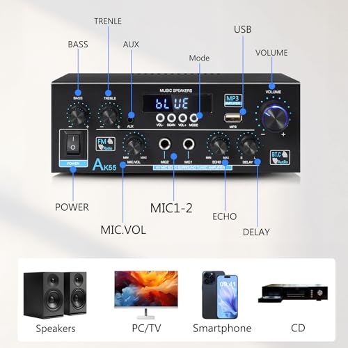 AK55 Stereo Amplifier Home Audio, Bluetooth 5.0 Max 600W Power Stereo Receivers 2.0 Channel Audio Amplifier for Speaker W/Remote Control/AUX/RCA/Echo/USB/2 MIC in for Home Party, Karaoke - size: AK55
