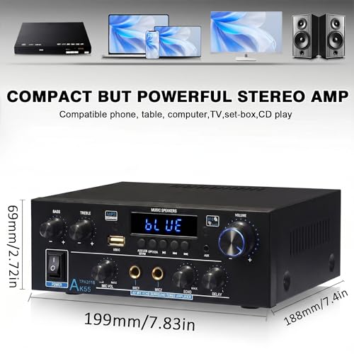AK55 Stereo Audio Amplifier,600W 2 Channel with Bluetooth 5.0 | Power Stereo Amplifier Receiver with USB,RCA,AUX,MIC,Echo,Coax,Optical Input for Garage, Studio,Home Theater Speakers - color: Black