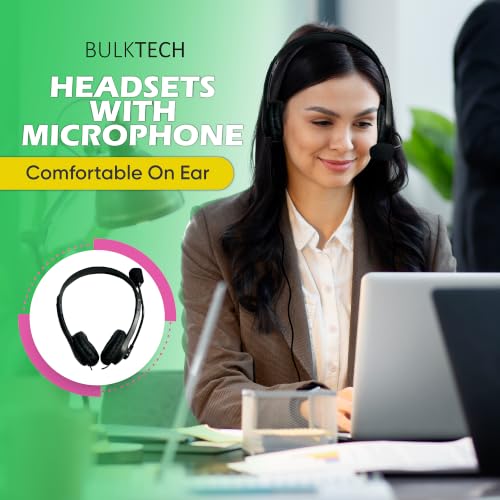 5 Pack Bulk Wired On-Ear Leather Headsets with Boom Microphone and 3.5mm Connector, Black
