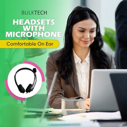 5 Pack Bulk Wired On-Ear Leather Headsets with Boom Microphone and 3.5mm Connector, Black