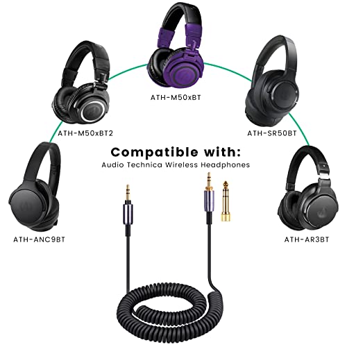 ATH-M50xBT Cable, Coiled Aux Cord for Audio Technica ATH-M50xBT2 Headphones | 3.5mm to 3.5mm(1/8") Extension Wire with 6.35mm(1/4") Adapter for ATH-SR50BT Wireless Headset, 14ft