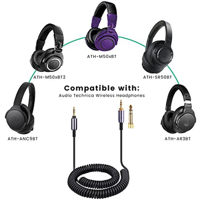 ATH-M50xBT Cable, Coiled Aux Cord for Audio Technica ATH-M50xBT2 Headphones | 3.5mm to 3.5mm(1/8") Extension Wire with 6.35mm(1/4") Adapter for ATH-SR50BT Wireless Headset, 14ft