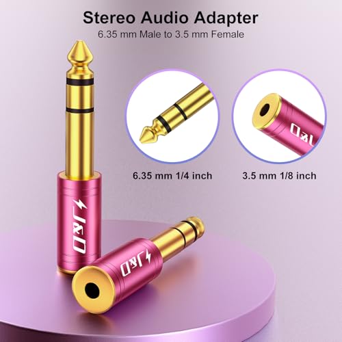 J&D 5-Pack 1/4 to 1/8 Headphone Adapter, 6.35 mm to 3.5 mm Stereo TRS Male to Female, Gold-Plated 3.5mm Plug Jack Connector for Guitar, Amp, Keyboard, Bass, Red - color: Red
