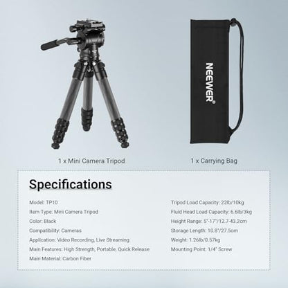 NEEWER Carbon Fiber Desktop Mini Tripod for Camera, Tabletop Portable Travel Tripod with Video Fluid Head, QR Plate for TikTok DSLR Action Camera Video Recording Streaming, Max Load 6.6lb/3kg, TP10