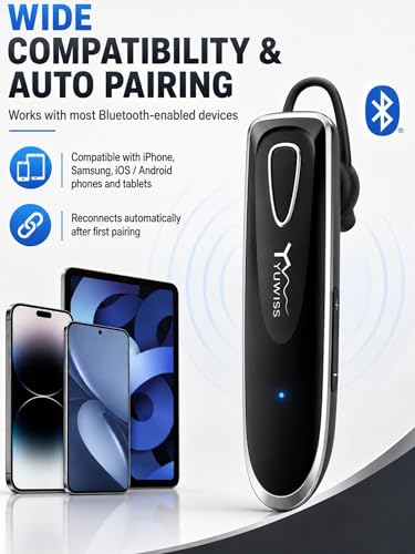 YW YUWISS Bluetooth Earpiece for Cell Phone with Mic Wireless in Ear Earbud Headphones Car Headset with 50 Hours Noise Canceling Hands Free Calling Compatible with Driving, iPhone, Samsung, Black