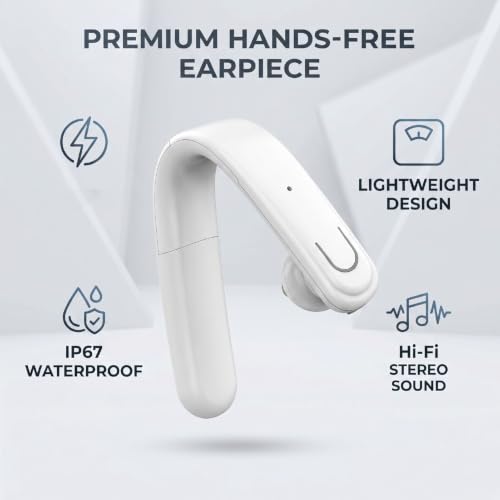 Single Ear Bluetooth Headset, Handsfree Earphone with Mic, IP67 Water Proof Ear Hook Wireless Earpiece for Truck Driver Laptop Cell Phone (White) - color: White