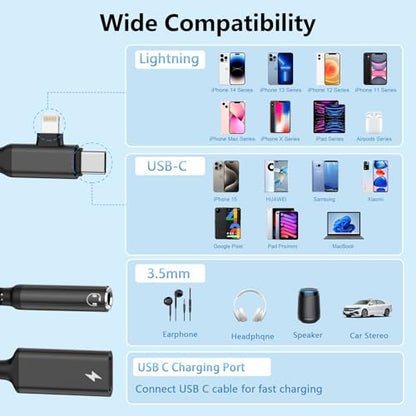 2-in-2 Lightning & USB C to 3.5mm Aux Audio Jack Headphone+Type-C Charge Cable Splitter，Earphone Converter Adapter for Music+Charge+HiFi for iPhone14 13 12,iPad,Samsung【Apple MFi Certified】-Black