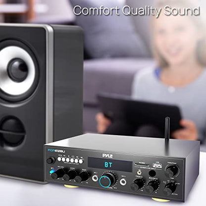 Pyle 200W Bluetooth Stereo Amplifier - Compact Desktop Power Amp Receiver with FM Radio, Karaoke Ready - Dual Mic Input with Echo, Digital LCD Display, RCA in/Out, USB-A Mp3 Player - Pyle PDA612BU