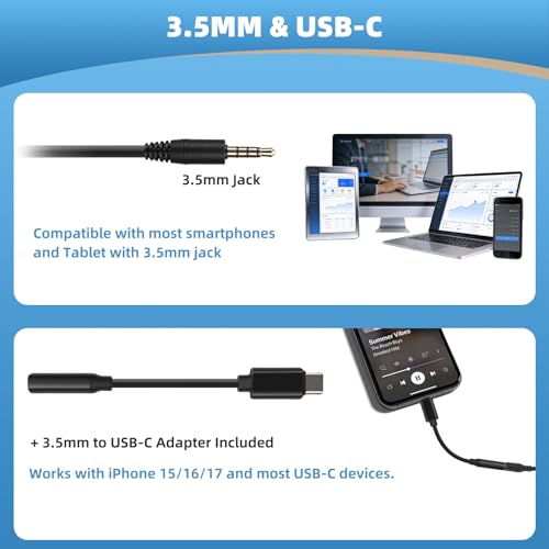 Arama Cell Phone Headset with Mic, 3.5mm Wired, USB-C Adapter | Answer Button, Noise Cancelling Mic, All-Day Comfort, Clear Voice Calls, iPhone, Andriod, Tablet, Zoom, Teams, Skype