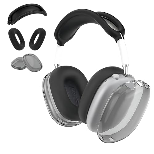 Aiivioll 3 in 1 Silicone Case Cover for AirPods Max Headphones(2024/2020), Clear Soft TPU Ear Cups Cover/Ear Pad Case Covers/Headband Cover, Ear Cushions Covers(Black) - color: Black