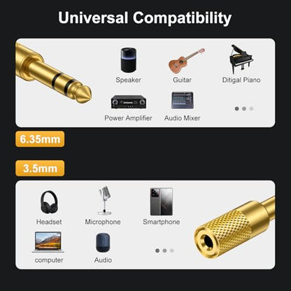 [2-Pack] 1/4" to 3.5mm Headphone Adapter, Gold-Plated Audio Converter | 6.35mm to 3.5mm Female Stereo Jack Plug for Earphone, Phone, Guitar Amp, Keyboard, Digital Piano, Speaker, Mixer