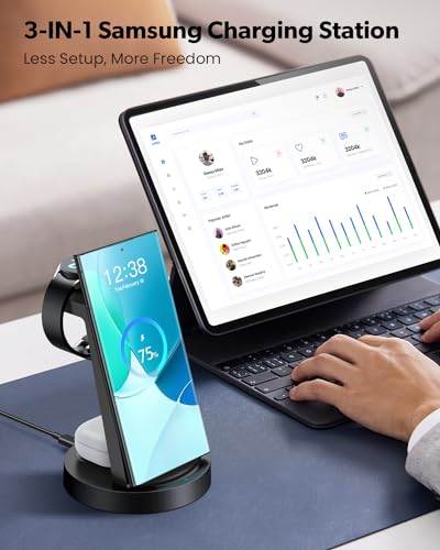 Wireless Charger for Samsung: 3 in 1 Wireless Charging Station | for Samsung Galaxy Watch 8 7 6 5 4 3 Pro S26 S25 S24 S23 S22 Ultra Z Fold Android, 18W adapter, Idea for Home Office Travel - color: Black