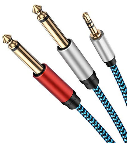 1/8 to 1/4 Stereo Cable, Nylon Braided 3.5mm to 1/4 Cable & Adapter Cord, TRS to Dual 6.35mm TS Unbalanced Breakout Wire for Laptop, Mixer, Amp - 6.6 Ft