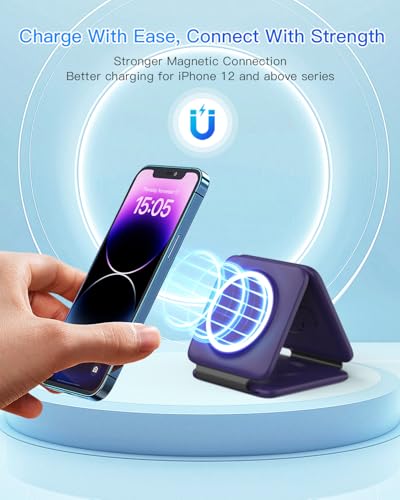 Iseyyox Charging Station for Mag Safe Apple - 3 in 1 Magnetic Foldable Wireless Charger Pad - Travel Charging Mat for iPhone 17 16 15 14 13 12 Pro Max Plus Watch & Airpods - color: Deep-purple