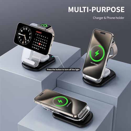 RYND 2026 Traveling Wireless Mag-Safe Fast Charging Station | Magnetic 3 in 1 Charger with Light for iPhone 17 16 15 14 13 12 Pro Max Plus,Apple Watch & Air pods 4 3 2 Pro(Black) - color: Black