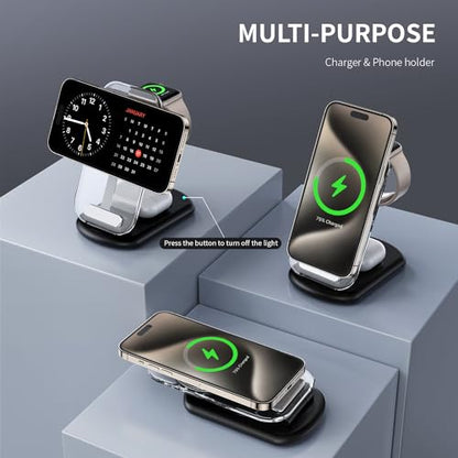 RYND 2026 Traveling Wireless Mag-Safe Fast Charging Station | Magnetic 3 in 1 Charger with Light for iPhone 17 16 15 14 13 12 Pro Max Plus,Apple Watch & Air pods 4 3 2 Pro(Black) - color: Black