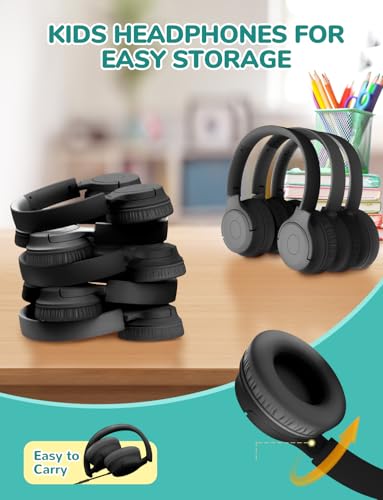 iClever HS27 5 Pack Kids Headphones for School K-12 Online Learning Travel | SafeSound Tech3.0, Tangle Free, 3.5mm Jack, Mic Include, HD Stereo, Swivel Foldable, Headphones for Class, Bulk 5Pack, Black - color: Black
