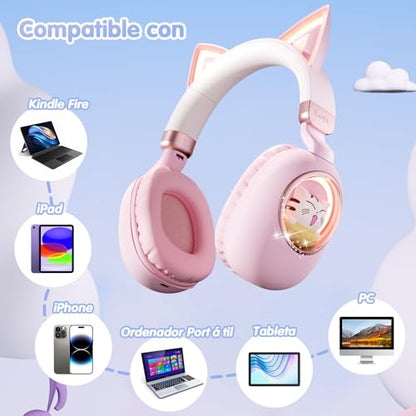 Kids Headphones Bluetooth 5.4 - Cat Ear LED Light Up Noise Cancelling Wireless Headphones with Mic, 85dB Volume Limited, Wired & Wireless Mode for Travel/School/iPad