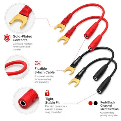Spade to Banana Plug Cable 4-Pack 24K Gold OFC | 8-Inch, 13AWG, 24K Gold-Plated, OFC Pure Copper, 45-Degree Angled, Color-Coded, Amplifier, AV Receiver, Home Theater